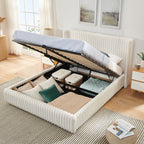 Queen/King Size Gas Lift Storage Bed | Vertical Striped Rabbit Fur Upholstered | Hydraulic Under-Bed Storage | 500 lbs | Eucalyptus Wood Frame | Silent Mechanism | Easy Assembly | Beige