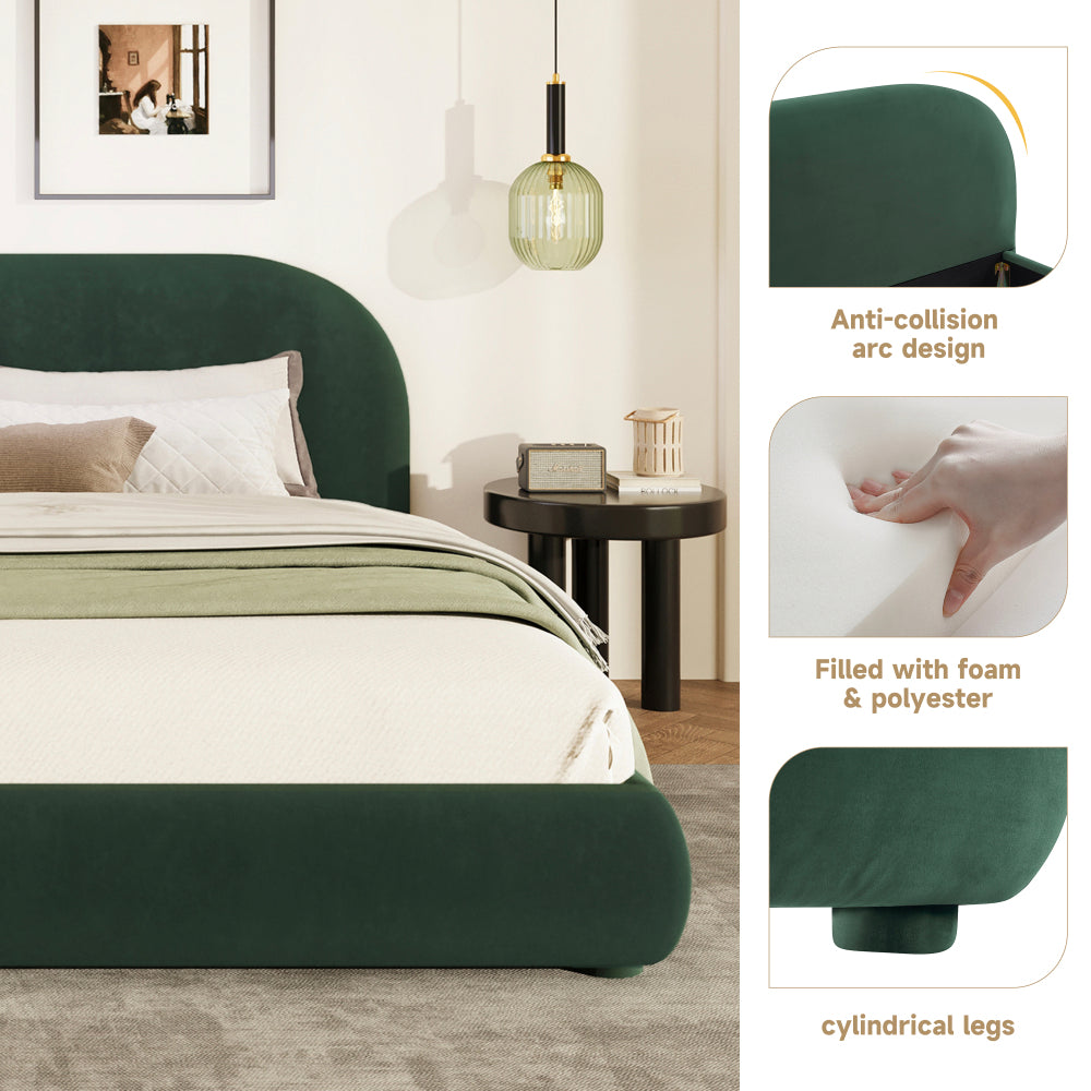 Queen/King Size Boucle Upholstered Platform Bed | Curved Ergonomic Headboard | Granular Fabric Texture | 800 lbs Heavy Duty | No Box Spring Needed | 40-Min Assembly | Cream / Green