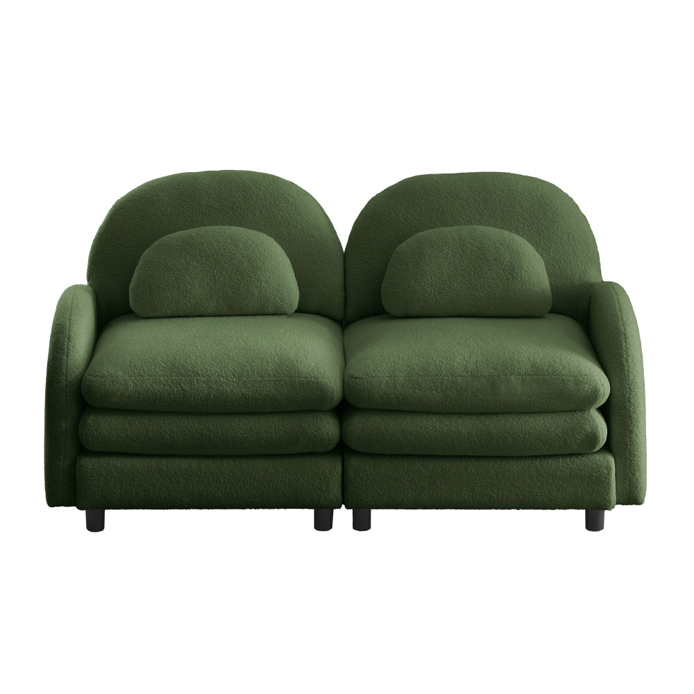 2-Seat Modular Teddy Fabric Cloud Sofa | Curved Backrest & Armrest | Double-Layer Cushion | Vintage Color Options | Precision Screw Connectors | Easy Assembly | Beige White / Green / Orange / Caramel