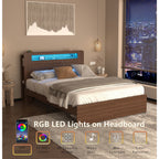Full/Queen Size Wood Platform Bed with Bookshelf Storage Headboard | 2 Drawers | 2 AC Outlets 1 USB 1 Type-C Charging Station | 60,001 Color LED Lights APP Control | No Box Spring | Brown/Black/Walnut