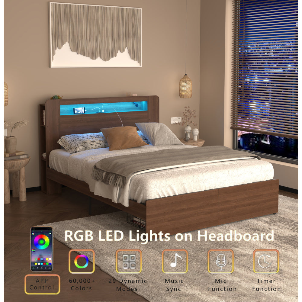 Full/Queen Size Wood Platform Bed with Bookshelf Storage Headboard | 2 Drawers | 2 AC Outlets 1 USB 1 Type-C Charging Station | 60,001 Color LED Lights APP Control | No Box Spring | Brown/Black/Walnut