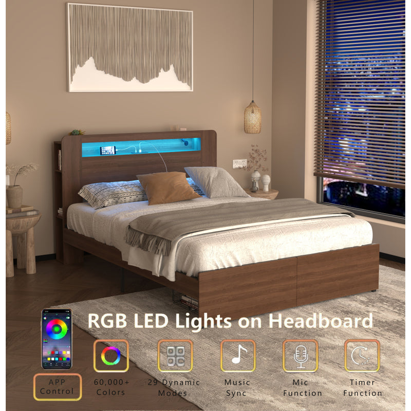 Full/Queen Size Wood Platform Bed with Bookshelf Storage Headboard | 2 Drawers | 2 AC Outlets 1 USB 1 Type-C Charging Station | 60,001 Color LED Lights APP Control | No Box Spring | Brown/Black/Walnut