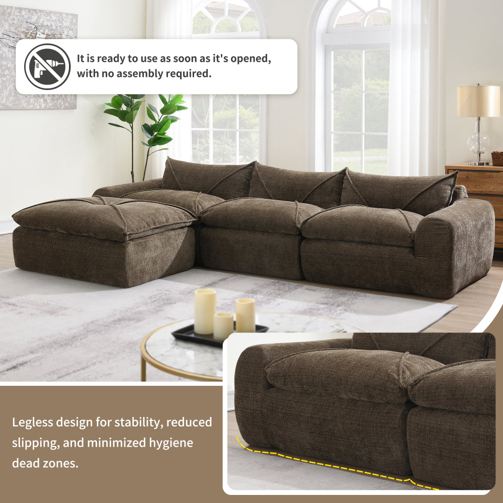 116" Fully Compressed 4-Seat Chenille Sectional Sofa | Integrated Backrest & Seat Cushion | Free Movement Ottoman | Decorative Edging | Legless Low-Profile Design | No Assembly Required | Living Room, Apartment | Brown/White/Green/Orange