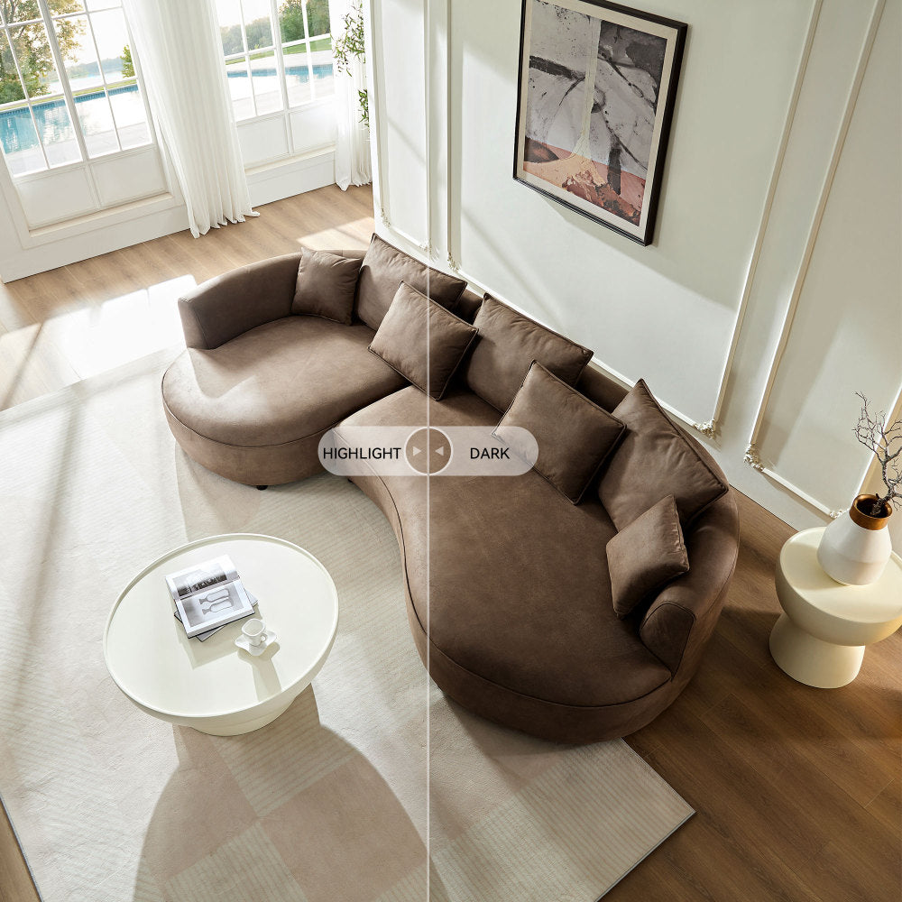 128.74" Modern Curved L-Shape Sectional Sofa | 5-Seat Leathaire Technology Cloth Couch | High-Density Foam + Elastic Spring | 5 Pillows Included | Easy Assembly | Living Room, Apartment, Office | Brown