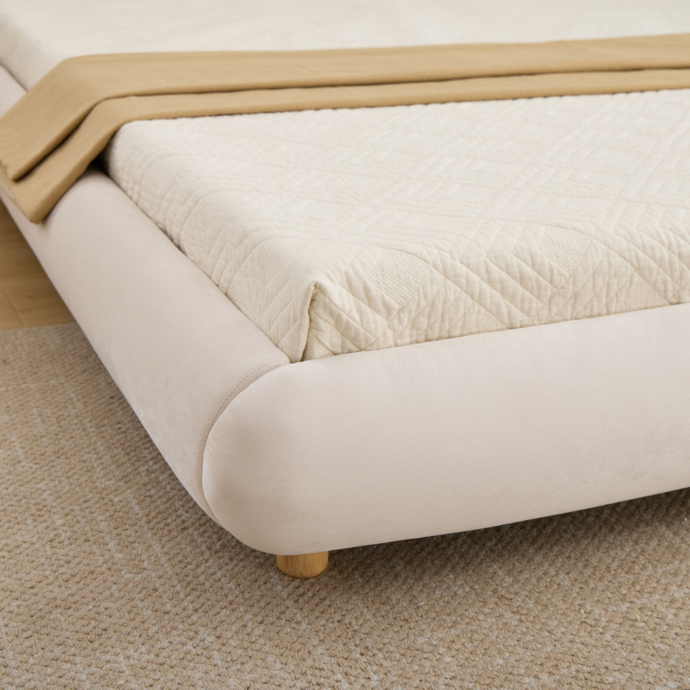 King Size Low Profile Platform Bed | Curved Rounded Velvet Headboard | 550 lbs | Solid Wood & Metal Frame | 13 Slats | No Box Spring | Beige/Green