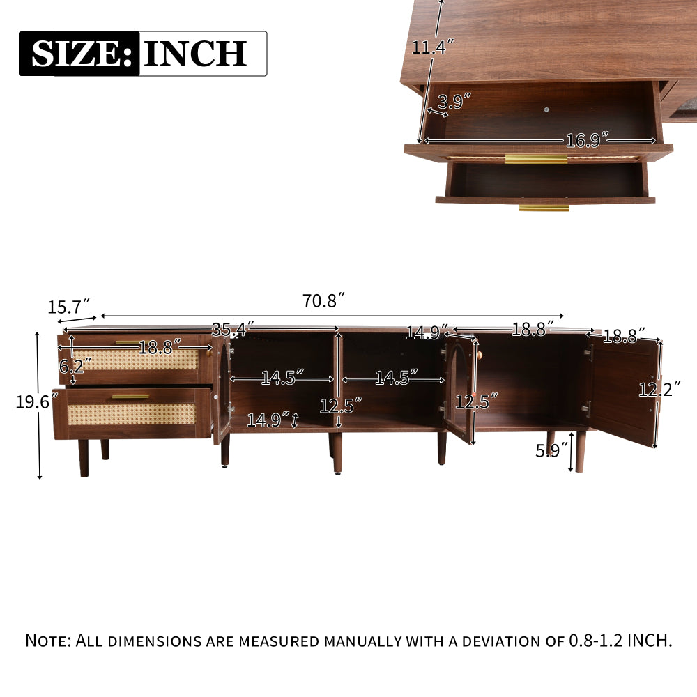 Rattan TV Stand with 3 Cabinets & 2 Drawers