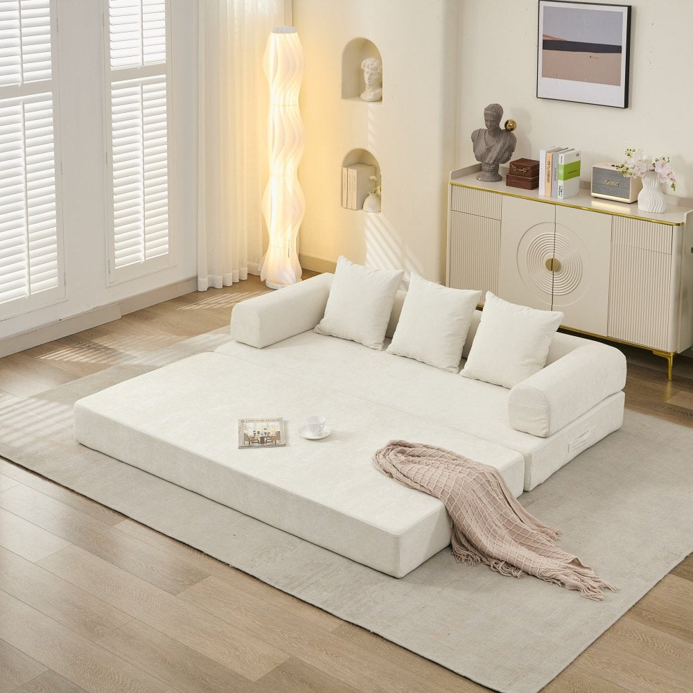 78.8" Convertible Folding Floor Sofa Bed | Chenille Couch with Foldable Armrests | Sponge + Spring Support | 3-Tiered Space-Saving Design | Free Pillows Included | Anti-Slip Base | No Assembly | Living Room, Bedroom, Studio | Green/Beige/Blue/Gray/Or