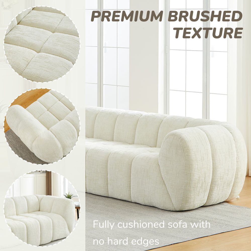 Modern Quilted Cloud Sofa | 3-Seat Chenille Pure Foam Couch | Piano-Key Backrest Design | Rounded Armrests | Deep-Seat Cushions | Living Room, Bedroom, Apartment | Beige/Black