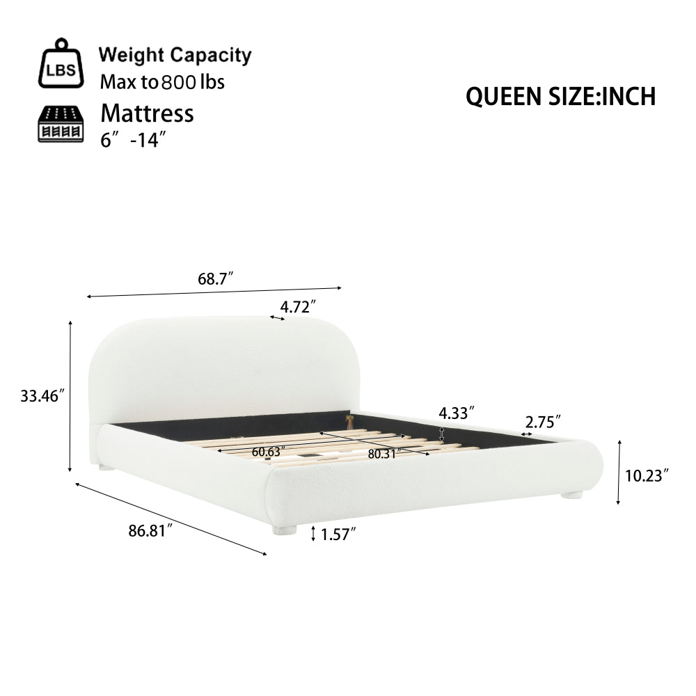 Queen/King Size Boucle Upholstered Platform Bed | Curved Ergonomic Headboard | Granular Fabric Texture | 800 lbs Heavy Duty | No Box Spring Needed | 40-Min Assembly | Cream / Green