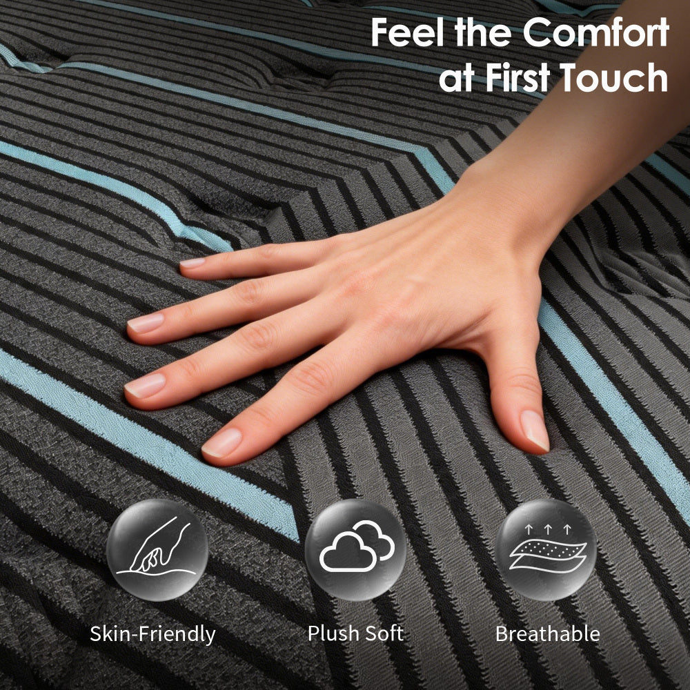 Queen/King — 10" Hybrid Medium Firm Mattress | Individually Pocketed Innerspring + Memory Foam | Breathable Knitted Cover | Enhanced Airflow | CertiPUR-US Certified | Bedroom | Black/Blue