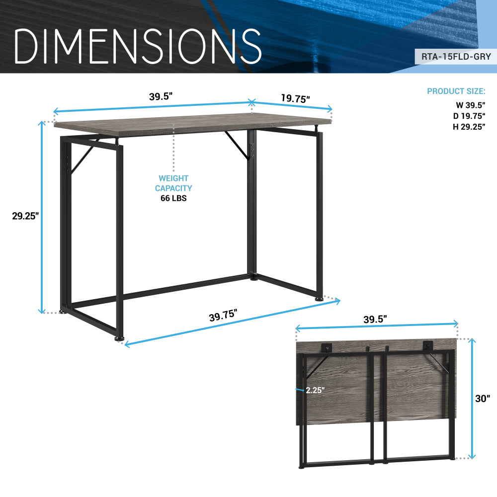 Techni Mobili Space Saving Folding Desk — 39" Collapsible Computer Desk | No Tools & No Assembly Required | Sturdy Steel Legs | Modern Space-Saving Design | Home Office, Bedroom, Dorm | Grey