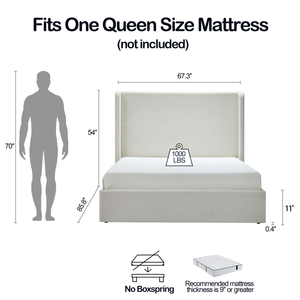 Full/Queen/King Size Upholstered Wingback Platform Bed | 51.5" Curved Headboard | Premium Canvas Fabric | 1000 lbs Heavy Duty | Eucalyptus & Metal Frame | No Box Spring | 30-Min Assembly | Ivory