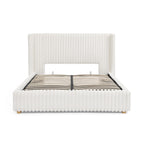 Queen/King Size Gas Lift Storage Bed | Vertical Striped Rabbit Fur Upholstered | Hydraulic Under-Bed Storage | 500 lbs | Eucalyptus Wood Frame | Silent Mechanism | Easy Assembly | Beige