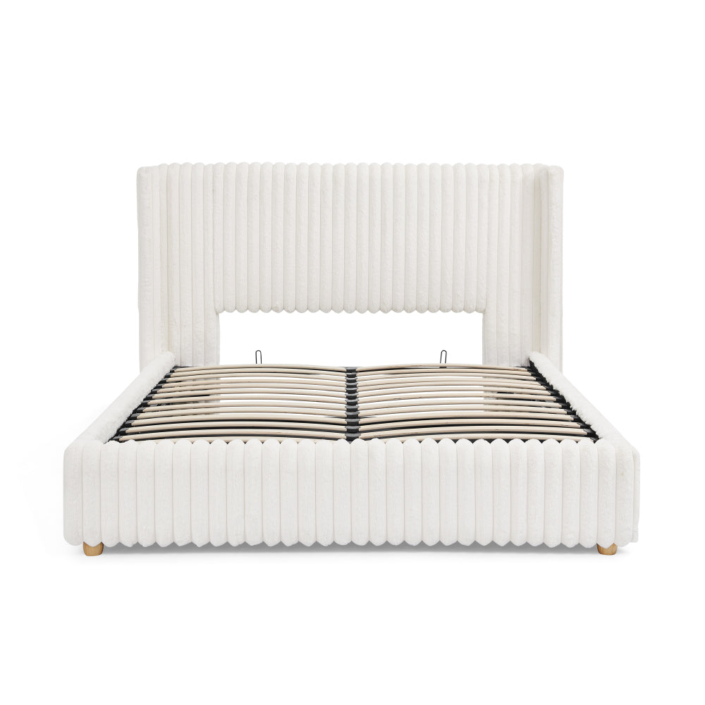 Queen/King Size Gas Lift Storage Bed | Vertical Striped Rabbit Fur Upholstered | Hydraulic Under-Bed Storage | 500 lbs | Eucalyptus Wood Frame | Silent Mechanism | Easy Assembly | Beige