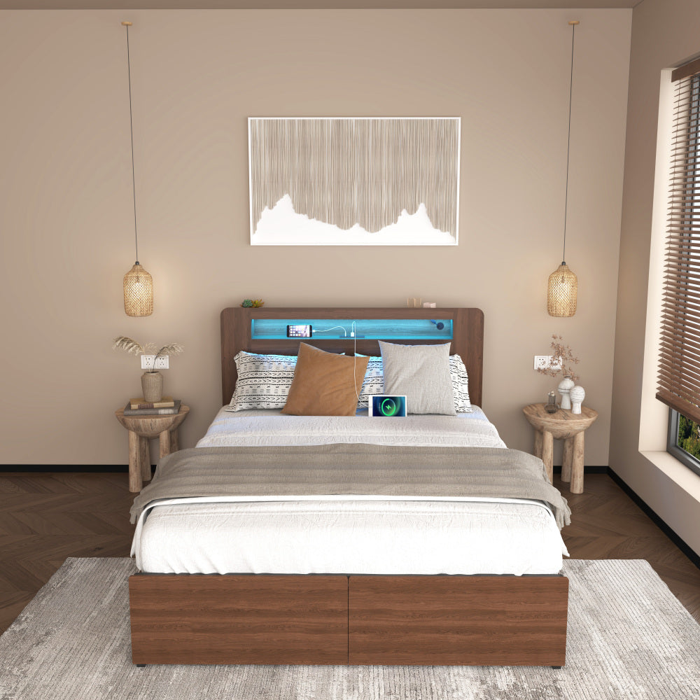 Full/Queen Size Wood Platform Bed with Bookshelf Storage Headboard | 2 Drawers | 2 AC Outlets 1 USB 1 Type-C Charging Station | 60,001 Color LED Lights APP Control | No Box Spring | Brown/Black/Walnut
