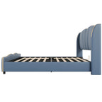 Queen Size PU Leather Wingback Platform Bed | Wave-Shaped Headboard & Footboard | 46.5" Tall Headboard | High-Resilience Sponge Fill | 800 lbs Wood Slats | No Box Spring Needed | Dark Green / Black / Antique Blue
