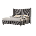 Queen/King Size Wingback Platform Bed | Vertical Channel Tufted Fabric Headboard | Nailhead Trim | Crystaline Acrylic Knobs | Solid & Engineered Wood | No Box Spring Needed | Gray
