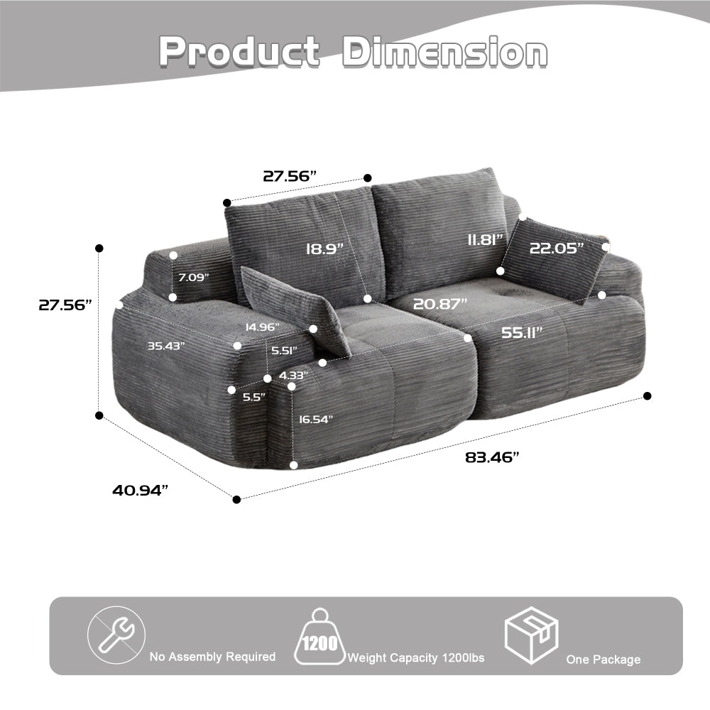 Modern Memory Foam Cloud Sofa | Extra Deep Corduroy Sectional Couch | Customizable Modular Combination | High-Resilience Foam + Bolster Pillows | No Assembly Required | Living Room, Apartment, Bedroom | White/Black — 2 Seat & 3 Seat