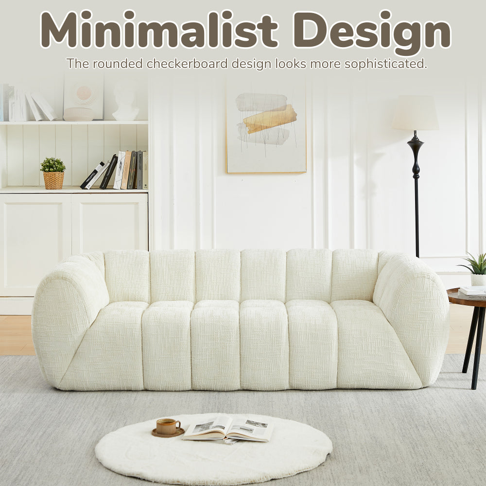 Modern Quilted Cloud Sofa | 3-Seat Chenille Pure Foam Couch | Piano-Key Backrest Design | Rounded Armrests | Deep-Seat Cushions | Living Room, Bedroom, Apartment | Beige/Black