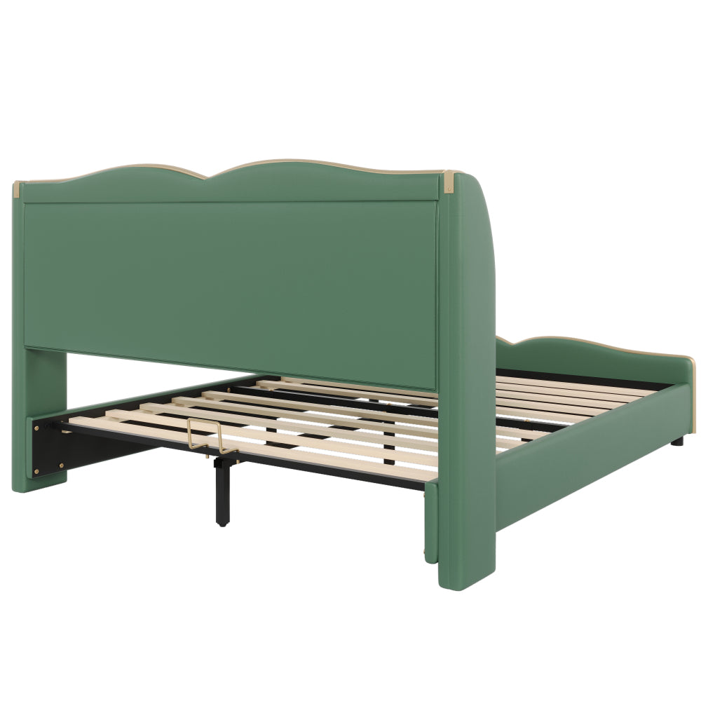 Queen Size PU Leather Wingback Platform Bed | Wave-Shaped Headboard & Footboard | 46.5" Tall Headboard | High-Resilience Sponge Fill | 800 lbs Wood Slats | No Box Spring Needed | Dark Green / Black / Antique Blue
