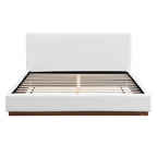 Queen/King Size White Boucle Upholstered Platform Bed | Wood Grain Textured Brown Solid Wood Base | 11 Slats + 4 Legs | 800 lbs | No Box Spring Needed | 2-Person Easy Assembly | White