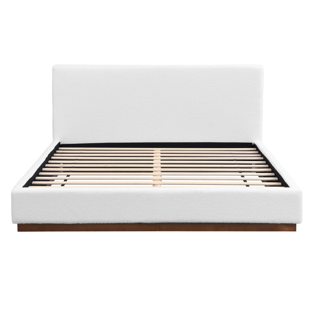 Queen/King Size White Boucle Upholstered Platform Bed | Wood Grain Textured Brown Solid Wood Base | 11 Slats + 4 Legs | 800 lbs | No Box Spring Needed | 2-Person Easy Assembly | White