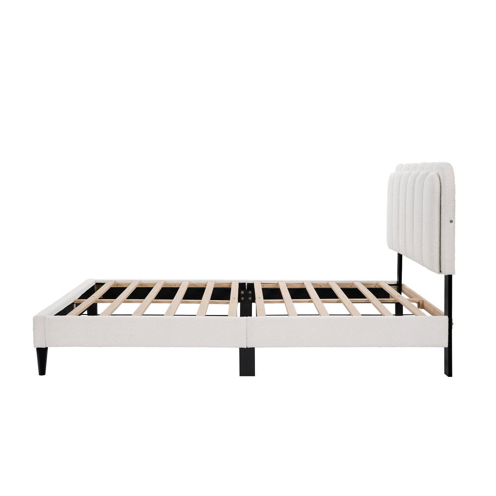 Full/Queen Size Boucle Platform Bed | Petal-Shaped Scalloped Headboard | Built-In Ambient Bedside Light | Rubberwood Legs | Silent Frame Design | No Box Spring Needed | White/Cream