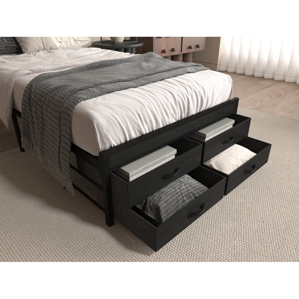 Twin/Full/Queen Size Metal Platform Bed with 4 Storage Drawers | Headboard Charging Station 2 Outlets & 2 USB | 16 RGB LED Lights 60000+ Colors | Heavy Duty Steel Slats | No Box Spring Needed | Black