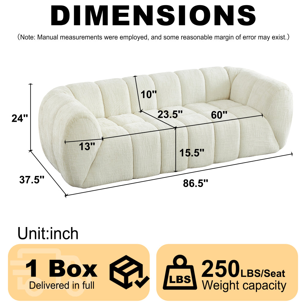 Modern Quilted Cloud Sofa | 3-Seat Chenille Pure Foam Couch | Piano-Key Backrest Design | Rounded Armrests | Deep-Seat Cushions | Living Room, Bedroom, Apartment | Beige/Black