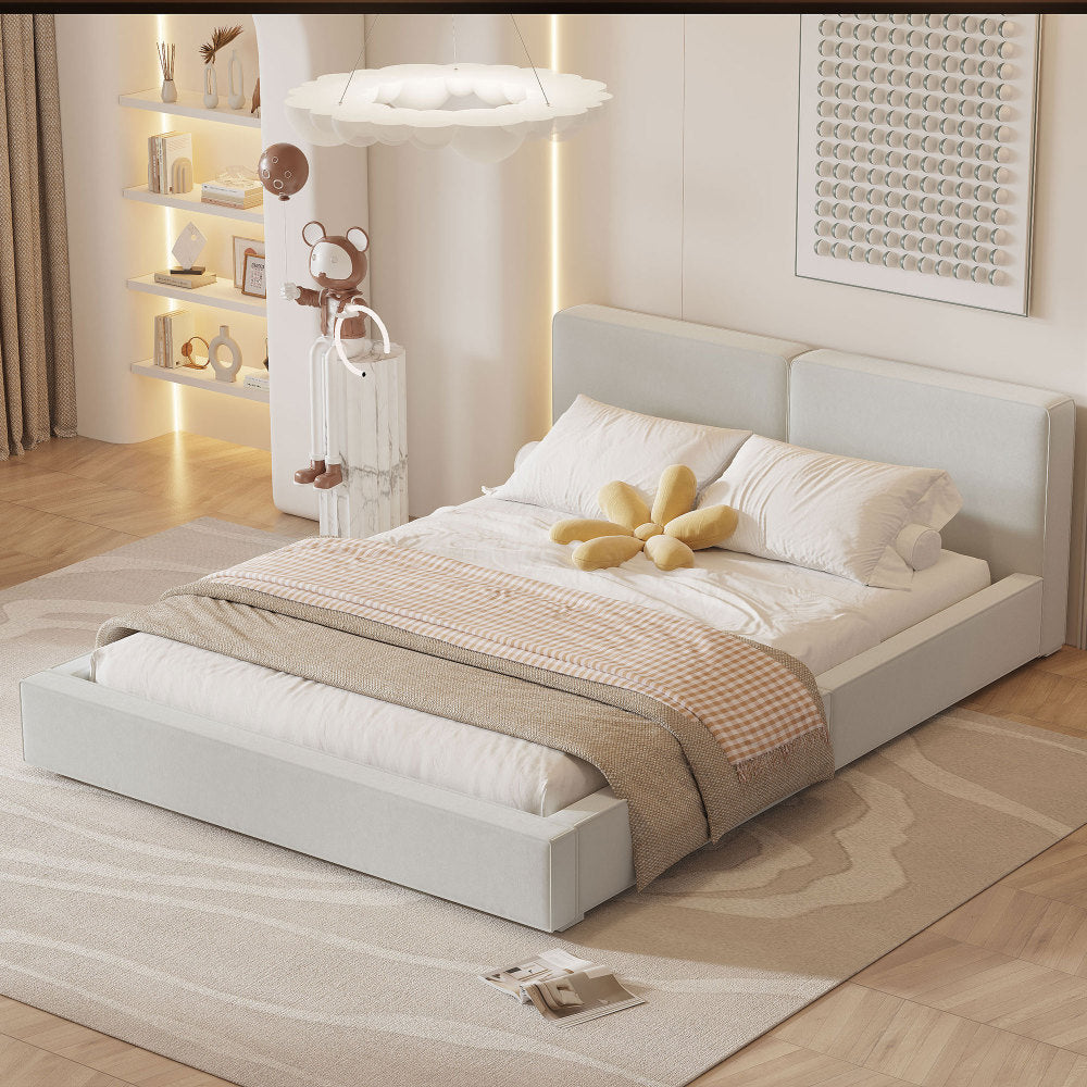 Queen Size Velvet Upholstered Platform Bed | Fully Wrapped Low Profile Frame | Solid MDF & Particle Board | No Box Spring Needed | Easy Assembly | Gray / Beige