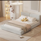 Queen Size Velvet Upholstered Platform Bed | Fully Wrapped Low Profile Frame | Solid MDF & Particle Board | No Box Spring Needed | Easy Assembly | Gray / Beige