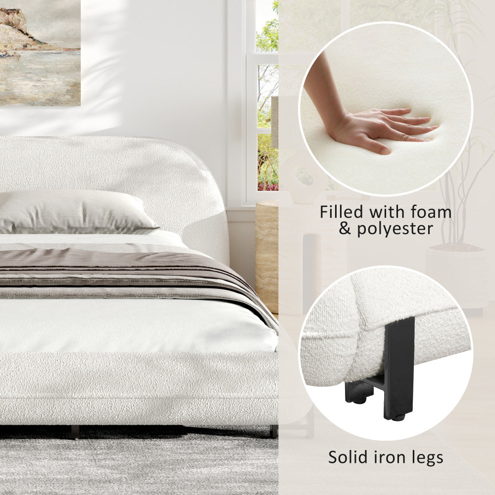 Queen/King Size Boucle Upholstered Platform Bed | Thick Curved Headboard | Solid Wood Center Legs & Dual Steel Outer Legs | 500 lbs | Embedded Structure | No Box Spring Needed | White