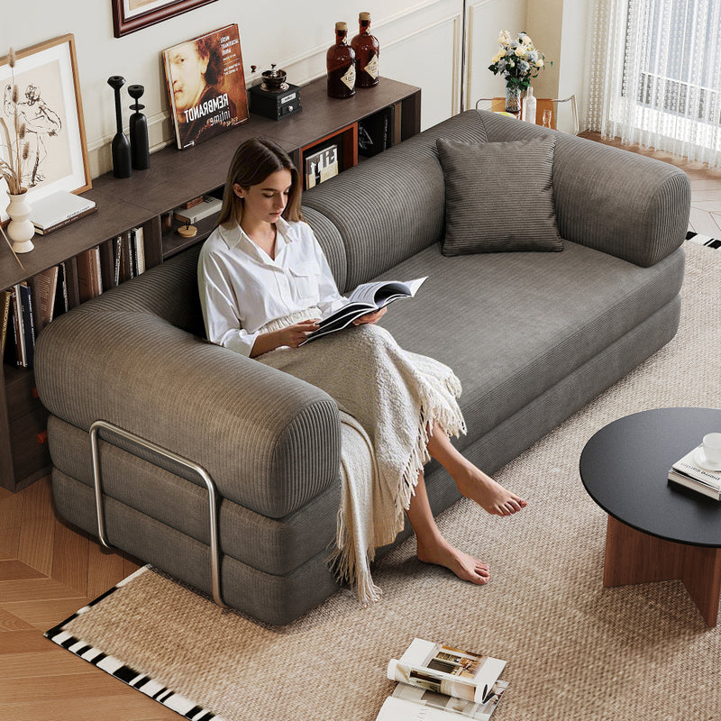 78.8" Convertible Floor Sofa Bed | Boneless Modular Sectional Couch | Pillow Back Support Armrests | Corduroy Fabric + Foam Fill | Hardware-Secured Backrest | No Assembly Required | Living Room, Bedroom, Apartment | Gray/Black/Camel/Green/Brown/Blue