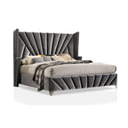Queen/King Size Wingback Platform Bed | Vertical Channel Tufted Fabric Headboard | Nailhead Trim | Crystaline Acrylic Knobs | Solid & Engineered Wood | No Box Spring Needed | Gray