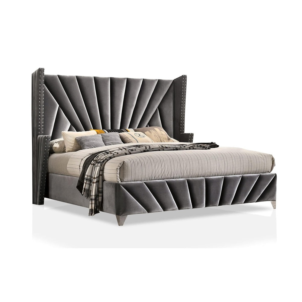 Queen/King Size Wingback Platform Bed | Vertical Channel Tufted Fabric Headboard | Nailhead Trim | Crystaline Acrylic Knobs | Solid & Engineered Wood | No Box Spring Needed | Gray
