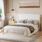 Queen Size Linen Upholstered Platform Bed | Curved Wingback Headboard | Fully Upholstered Frame | Solid Wood & Reinforced Slats | No Box Spring Needed | Easy Assembly | Beige / Brown