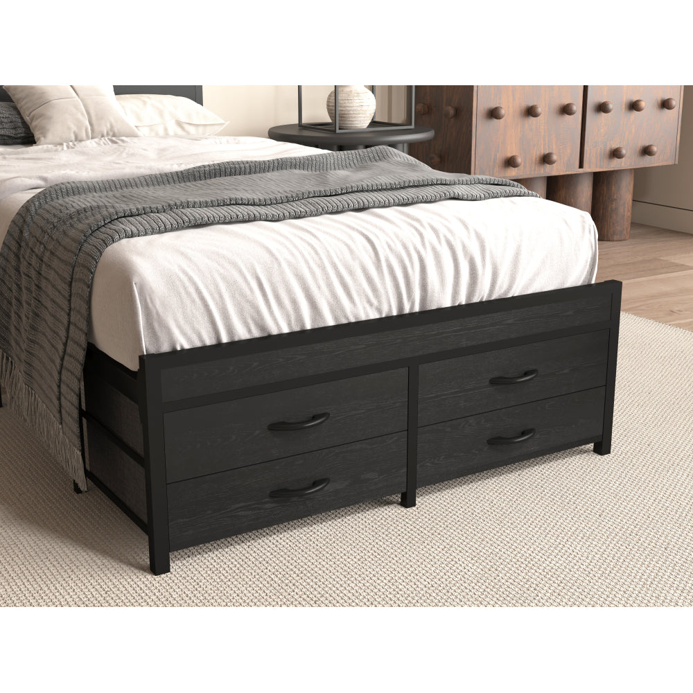 Twin/Full/Queen Size Metal Platform Bed with 4 Storage Drawers | Headboard Charging Station 2 Outlets & 2 USB | 16 RGB LED Lights 60000+ Colors | Heavy Duty Steel Slats | No Box Spring Needed | Black
