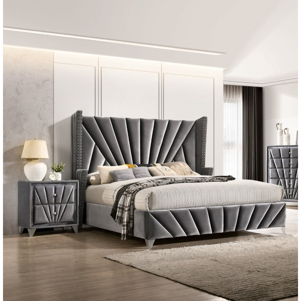 Queen/King Size Wingback Platform Bed | Vertical Channel Tufted Fabric Headboard | Nailhead Trim | Crystaline Acrylic Knobs | Solid & Engineered Wood | No Box Spring Needed | Gray