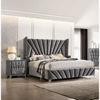 Queen/King Size Wingback Platform Bed | Vertical Channel Tufted Fabric Headboard | Nailhead Trim | Crystaline Acrylic Knobs | Solid & Engineered Wood | No Box Spring Needed | Gray