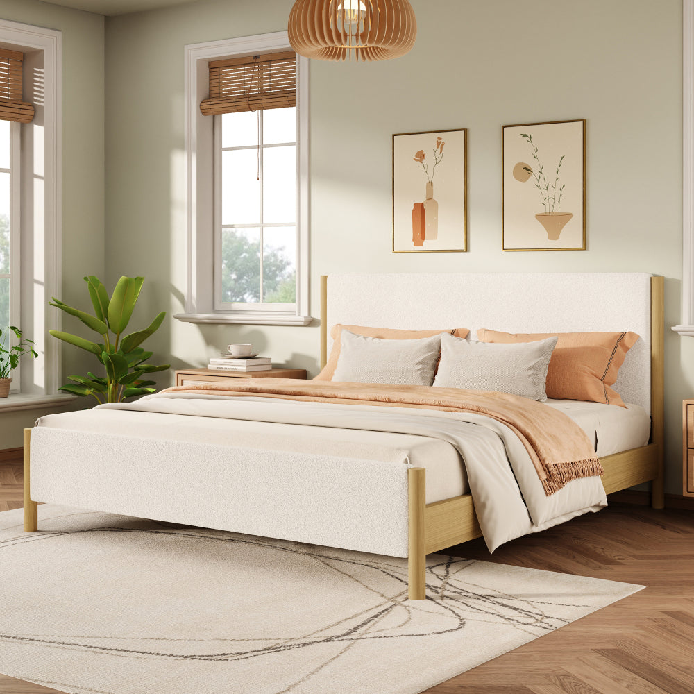Queen/King Size White Boucle Upholstered Platform Bed | Natural Rubberwood Legs | Sustainable Engineered Wood Frame | No Box Spring Needed | Scandinavian Modern Style | White