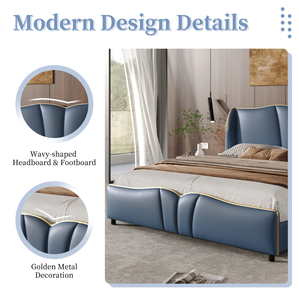 Queen Size PU Leather Wingback Platform Bed | Wave-Shaped Headboard & Footboard | 46.5" Tall Headboard | High-Resilience Sponge Fill | 800 lbs Wood Slats | No Box Spring Needed | Dark Green / Black / Antique Blue