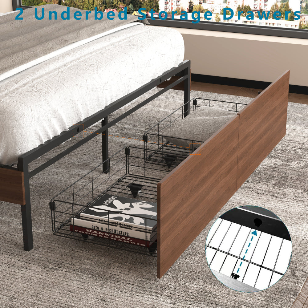 Full/Queen Size Wood Platform Bed with Bookshelf Storage Headboard | 2 Drawers | 2 AC Outlets 1 USB 1 Type-C Charging Station | 60,001 Color LED Lights APP Control | No Box Spring | Brown/Black/Walnut