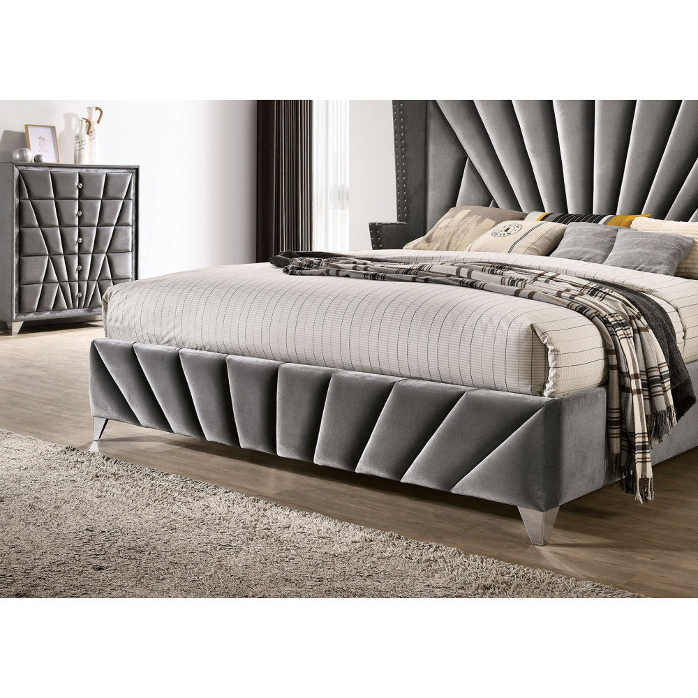 Queen/King Size Wingback Platform Bed | Vertical Channel Tufted Fabric Headboard | Nailhead Trim | Crystaline Acrylic Knobs | Solid & Engineered Wood | No Box Spring Needed | Gray