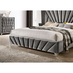 Queen/King Size Wingback Platform Bed | Vertical Channel Tufted Fabric Headboard | Nailhead Trim | Crystaline Acrylic Knobs | Solid & Engineered Wood | No Box Spring Needed | Gray