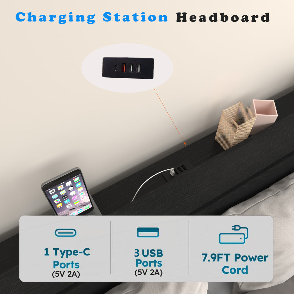 Full/Queen Size Wood Platform Bed with Bookshelf Storage Headboard | 2 Drawers | 2 AC Outlets 1 USB 1 Type-C Charging Station | 60,001 Color LED Lights APP Control | No Box Spring | Brown/Black/Walnut