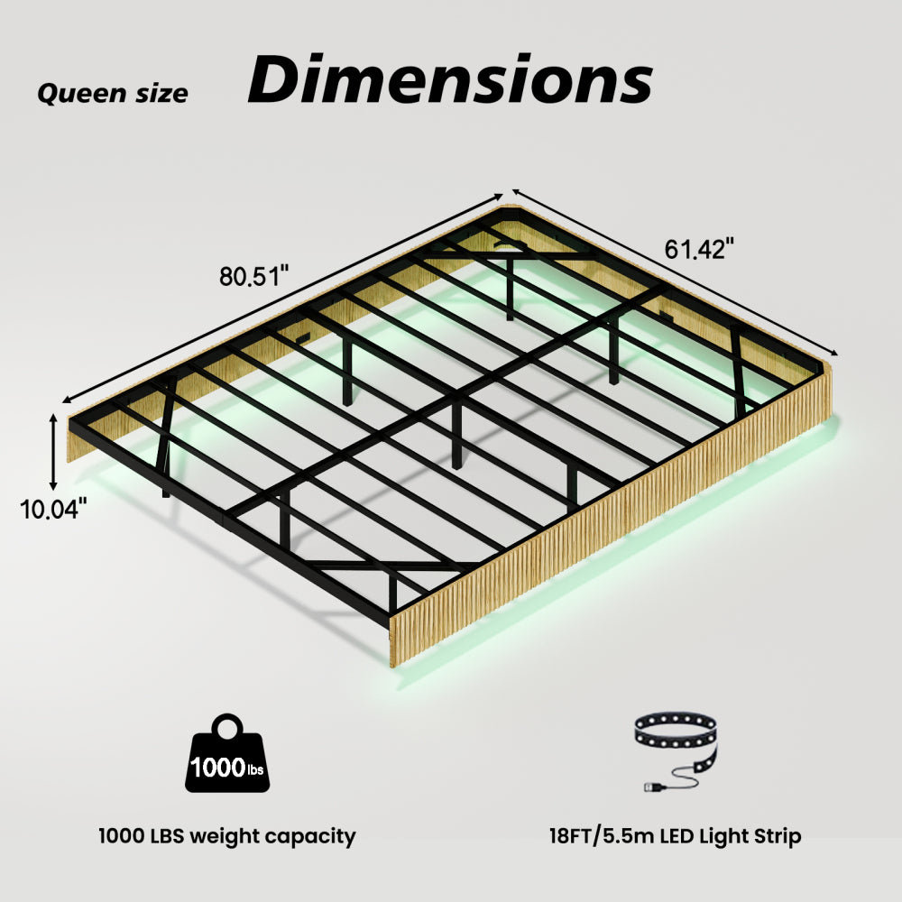 Oak King Floating Bed Frame with LED Lights, Wave Curve Wood Texture Bed with Heavy Duty Metal Slats - No Box Spring Needed.