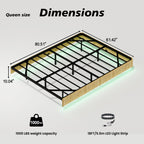 Oak King Floating Bed Frame with LED Lights, Wave Curve Wood Texture Bed with Heavy Duty Metal Slats - No Box Spring Needed.