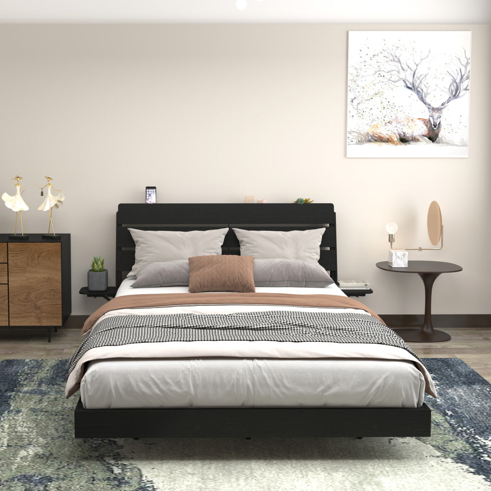 Full/Queen Size Wood Platform Bed with Bookshelf Storage Headboard | 2 Drawers | 2 AC Outlets 1 USB 1 Type-C Charging Station | 60,001 Color LED Lights APP Control | No Box Spring | Brown/Black/Walnut