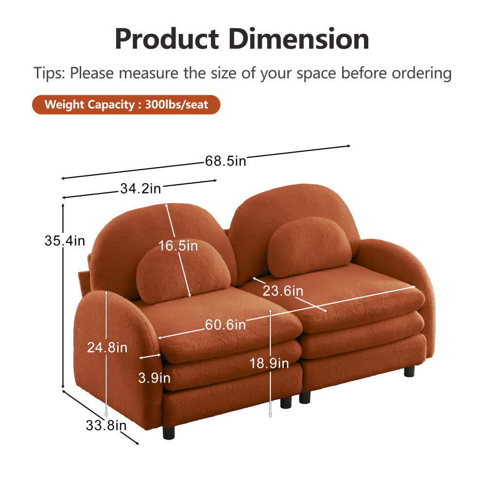 2-Seat Modular Teddy Fabric Cloud Sofa | Curved Backrest & Armrest | Double-Layer Cushion | Vintage Color Options | Precision Screw Connectors | Easy Assembly | Beige White / Green / Orange / Caramel