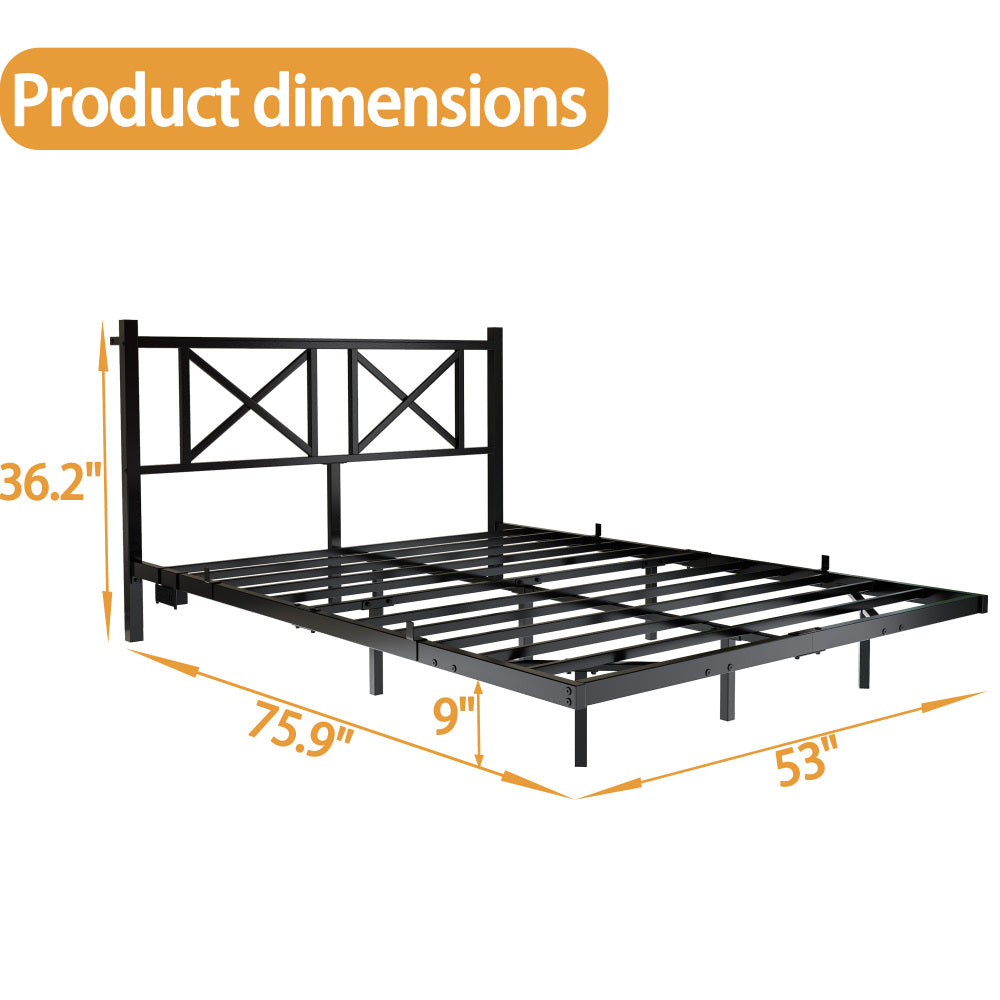 Full/Queen Size Floating Metal Platform Bed | Storage Headboard 2 AC + 2 USB Charging | RGB LED 2000+ Colors App & Music Sync | 4 Power Sockets | 450 lbs Heavy Duty Steel Slats | No Box Spring | Black